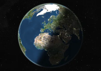 Globus zentriert auf Europa und Afrika, Satellitenbild in Echtfarben